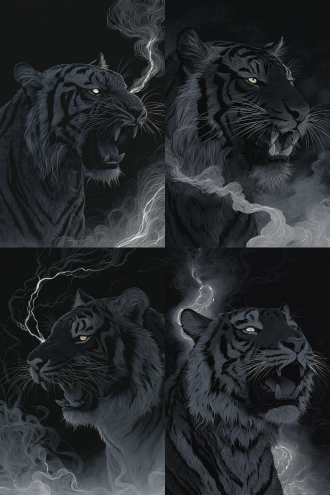 一只威风凛凛的老虎低吼，拥有光滑的蓝黑色皮毛和锋利的黑色条纹，其锐利的眼睛闪烁着诡异的光芒，皮毛纹理细致入微，表情凶猛。 老虎被旋绕的浓密云雾环绕，周围有空灵的能量流如同闪电一般，还有动态发光的粒子，散发着神秘的气息。 背景与构图：在雾气缭绕的群山背景下，可见远山与江河，山峦轮廓参差不齐。采用低角度拍摄以突出老虎的威严。 色彩与风格：以深青绿色和墨绿色为主色调，高对比度照明，营造出电影般的氛围，兼具奇幻写实风格，细节高度精细，8k分辨率。 艺术风格参考：融合了[彼得·莫尔巴赫（peter mohrbacher）的天使美学] + [中国水墨画的烟雾效果]