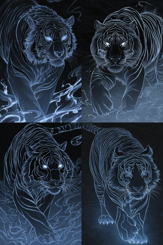 一只凶猛的老虎被旋绕的浓密云雾环绕，看不到躯干，它拥有光滑的蓝黑色皮毛和锋利的黑色条纹，其锐利的眼睛闪烁着诡异的光芒，皮毛纹理细致入微，表情凶猛。 老虎被旋绕的浓密云雾环绕，周围有空灵的能量流如同闪电一般，还有动态发光的粒子，散发着神秘的气息。 背景与构图：在雾气缭绕的群山背景下，可见远山与江河，山峦轮廓参差不齐。采用低角度拍摄以突出老虎的威严。 色彩与风格：以深青绿色和墨绿色为主色调，高对比度照明，营造出电影般的氛围，兼具奇幻写实风格，细节高度精细，8k分辨率。 艺术风格参考：融合了[彼得·莫尔巴赫（peter mohrbacher）的天使美学] + [中国水墨画的烟雾效果]