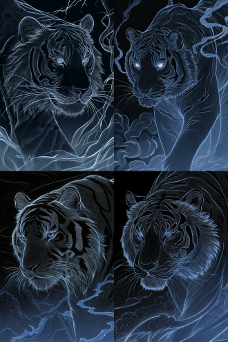 一只凶猛的老虎被旋绕的浓密云雾环绕，只能看清虎头，它拥有光滑的蓝黑色皮毛和锋利的黑色条纹，其锐利的眼睛闪烁着诡异的光芒，皮毛纹理细致入微，表情凶猛。 老虎被旋绕的浓密云雾环绕，周围有空灵的能量流如同闪电一般，还有动态发光的粒子，散发着神秘的气息。 背景与构图：在雾气缭绕的群山背景下，可见远山与江河，山峦轮廓参差不齐。采用低角度拍摄以突出老虎的威严。 色彩与风格：以深青绿色和墨绿色为主色调，高对比度照明，营造出电影般的氛围，兼具奇幻写实风格，细节高度精细，8k分辨率。 艺术风格参考：融合了[彼得·莫尔巴赫（peter mohrbacher）的天使美学] + [中国水墨画的烟雾效果]