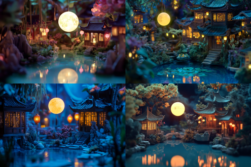 微观的夜间庭院场景，有水池，假山，挂着灯笼的中式建筑，一个微微发光的假月亮悬浮在半空，地面上微微反光的玉石材质字体“中秋节”