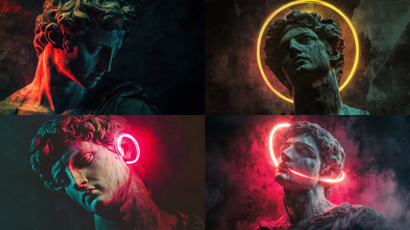 海报，具有文字排版，暗色调，雕塑，大理石雕塑，艺术，宗教，神学，上帝，圣光，男性雕塑，油画感，带有明亮的霓虹点缀，复古照片拼贴，不对称设计，带有重叠元素，