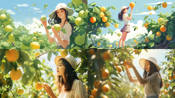一个女孩在摘柚子，柚子园、果园、摘柚子的女孩、阳光夏日、白色背景、饱和构图，插画风格，高光细节，8k分辨率，超高清，生动色彩，细腻纹理，静态中展现生命力，艺术感强烈。