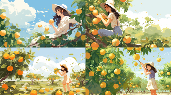 一个女孩在摘柚子，柚子园、手绘插画、果园、摘柚子的女孩、阳光夏日、白色背景、饱和构图，插画风格，高光细节，8k分辨率，超高清，生动色彩，细腻纹理，静态中展现生命力，艺术感强烈。