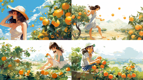 柚子园、柚子、手绘插画、果园、摘柚子的女孩、阳光夏日、白色背景、饱和构图，插画风格，高光细节，8k分辨率，超高清，生动色彩，细腻纹理，静态中展现生命力，艺术感强烈。