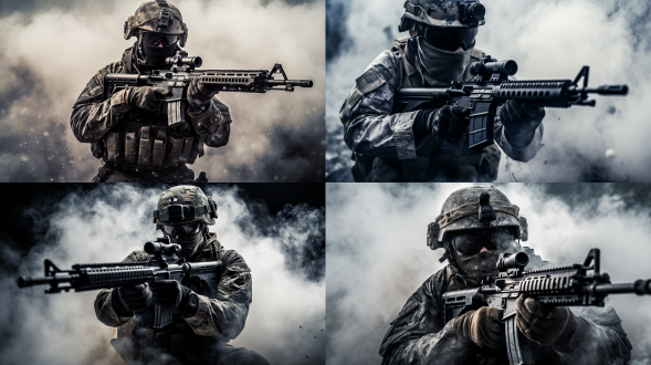 特种部队战士，手持自动步枪，战火硝烟中站立，动态平衡构图，高对比度，战场环境，长焦镜头，逆光，快速快门，坚定眼神，迷彩服，灰黑色调，紧张氛围。