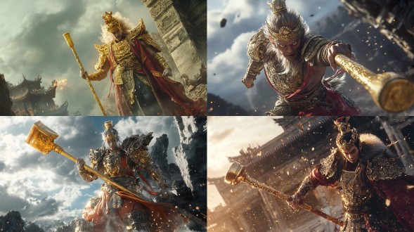 孙悟空、中国神话人物、齐天大圣孙悟空、手拿金棍棒、身穿古代战甲、站在废墟上，流线型，4k高清，真实质感，高对比度，大师级作品，湿润感，光环效果，细节精致，金属光泽，动态姿势，未来科技风格，冷色调，硬光，广角镜头，紧张氛围。