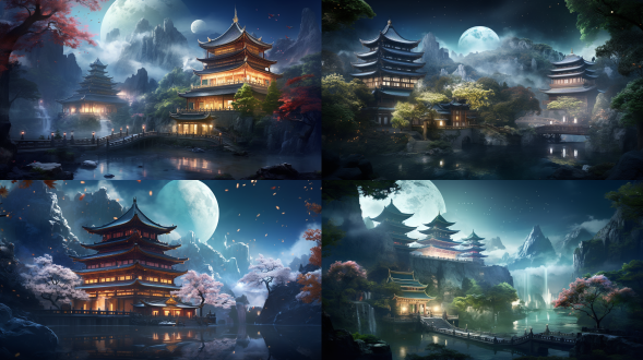 a glass oriental building with pavilions and chinese-style cornices, a gleaming interior, located in a lush green forest.in the surreal cg rendering of ancient china, there is a yaolin wonderland next to a small town with ancient buildings in the south of the yangtze river.night, bright stars, charming smoke, maple leaf trees, snow scene, high definition