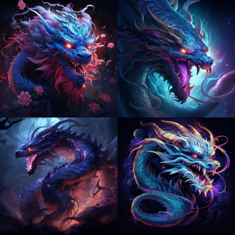 中国龙二次元风格概念设计，龙身蜿蜒盘旋，蓝紫为主色调，神秘氛围，幻想场景，长焦镜头，逆光，飘逸姿态，震撼。