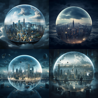 城市景观被巨大玻璃泡泡包裹悬浮空中，对称构图，超现实风格，冷色调，长焦镜头，顶光，静止，奇幻，平静。