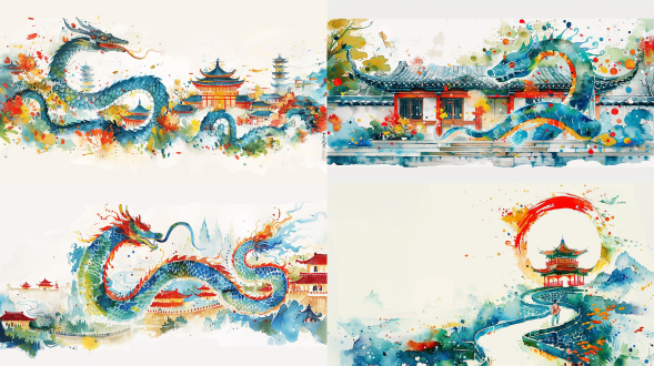 a chinese snake loop on chinese traditional building,wu guanzhong style,colorful,no person,ink style,keith haring line style graffiti,white background, simple details,minimalism,3k,