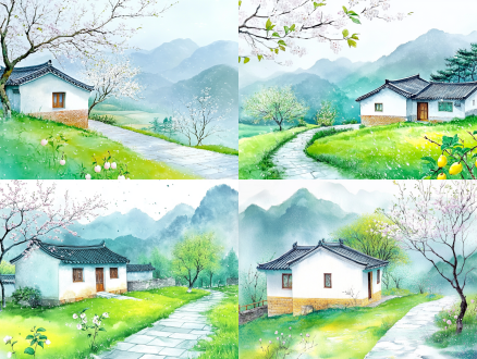 a house amidst green grass in the rain, pear trees with blossoms, diagonal composition, chinese countryside, pale green and white, precise pointillism, side lighting, tranquil atmosphere, 4:3 aspect ratio, niji 6 style.