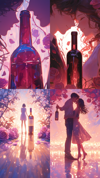 前景是一对情侣一起拿着一支红酒瓶，背景是这对情侣在甜蜜接吻，背景虚化，地上有玫瑰花枝缠绕，枝头开着几朵巨大的玫瑰花，唯美，梦幻，粉色背景，4k，创意，艺术