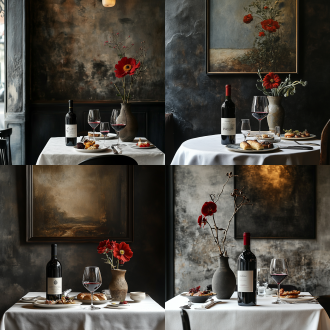 一张欧式餐厅的红酒瓶主图，餐桌上铺着白色桌布，摆放着精致的餐具、各种美食和一个高脚红酒杯（正确比例），还有一个欧式花瓶，插着一支深红色花，画面上方是深色背景，上方大面积空白墙面，古典，浪漫情调