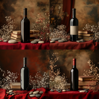 一张红酒瓶主图，主体是红酒瓶，桌子上铺着欧式红桌布，点缀着干花，鹅卵石，石块，古典硬皮书，背景为纯色渐变浅棕色，古典，欧式，简约