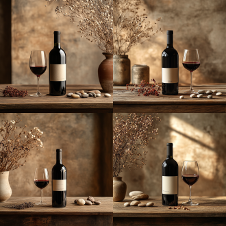 一张红酒瓶主图，主体是红酒瓶，立在木质长桌上，点缀一支干花，若干小石块，一杯红酒，上方留白占三分之一，背景为浅棕色墙体，光影，复古，欧式，古典，简约