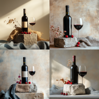 一张红酒瓶主图，主体是红酒瓶，立在欧式古典复古风格的石台上，点缀一支干花，三四个车厘子，一杯红酒，一块灰蓝色的粗麻布，上方留白占三分之一，背景为浅米色墙壁，光影，复古，极简，简洁