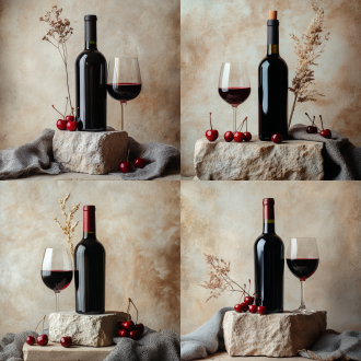 一张红酒瓶主图，主体是红酒瓶，立在欧式古典复古风格的石台上，点缀一支干花，三四个车厘子，一杯红酒，一块灰蓝色的粗麻布，上方留白占三分之一，背景为浅米色墙壁，光影，复古，极简，简洁