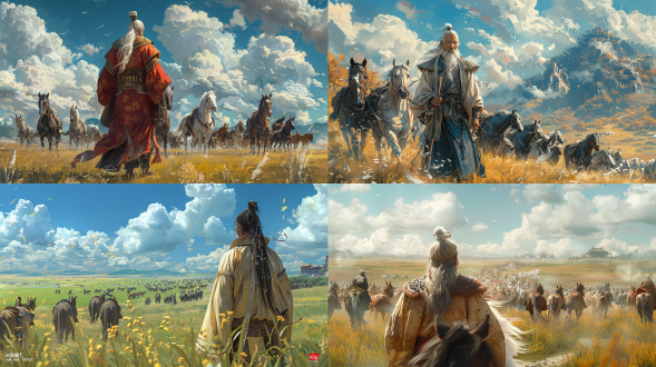 一个中国古代老人养马，背影，身前很多匹马，草原背景，广角镜头，远景，身后很多匹马，古代服饰，蓝天，白云，图片尺寸2912,1632，近景，手绘风格，游戏cg，脸部细节