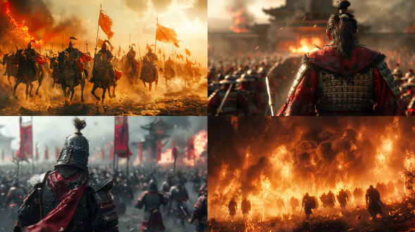 一队中国古代士兵打了败仗逃亡过程中，背影，火焰，兵器，盔甲，图片尺寸2912,1632，近景，手绘风格，游戏cg，脸部细节，广角镜头，