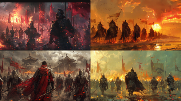 一队中国古代士兵打了败仗逃亡过程中，背影，火焰，兵器，盔甲，图片尺寸2912,1632，近景，手绘风格，游戏cg，脸部细节，广角镜头，8k，士兵垂头丧气