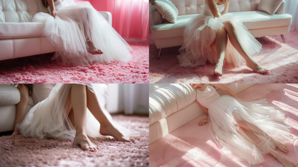 真丝白色纱裙，优雅恬静气质美女，慵懒躺粉色地毯，头靠白色沙发，修长美腿，微微泛红皮肤，舒适恬静场景，多巴胺配色，柔和光线，广角镜头，低对比度，暖色调，自然光，放松，温柔，宁静。