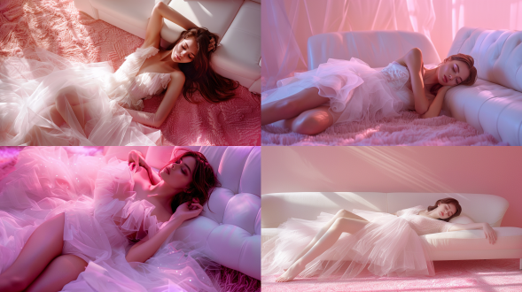 4k,超高清画质，多巴胺配色，穿真丝白色纱裙的优雅恬静的气质美女，慵懒的躺在粉色的地毯上，头靠白色沙发，修长的腿，微微泛红的皮肤，舒适恬静的场景，
