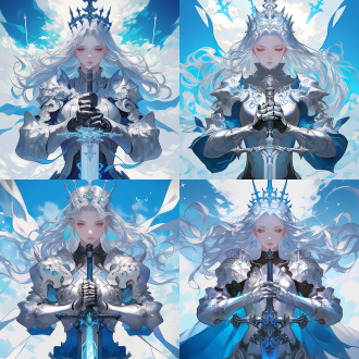 天神银甲宝剑，威风凛凛，传统元素，云雾背景，对称构图，高光细节，神话风格，长焦镜头，柔和侧光，动态姿势，神圣氛围，银蓝调，庄严感。