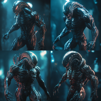 异形肌肉强大，对角线构图，高对比度，荒凉星球，冷色调，广角镜头，侧光，动态模糊，张力，恐惧。