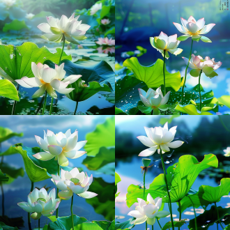 莲花绘画风格，水墨画，淡雅色调，池塘边，长焦镜头，柔和光线，静态，优雅，宁静。