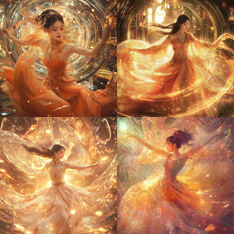 亚洲美女着华丽服饰在绚丽外星舞台中心跳舞表情陶醉，旋转，暖色调，长焦镜头，顶光，中心构图，优雅，科幻。