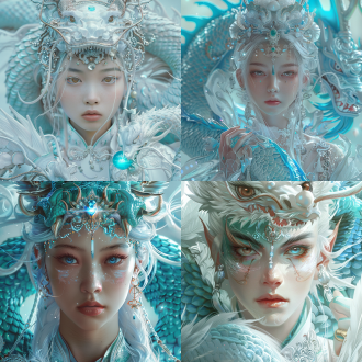 中国人被一条青白色的中国龙包围着，一半是龙的头一半是凤凰的头，特写，中国人是机械姬肖像，小麦色皮肤，飘逸感，星光，透明的手臂，眉心中闪烁着蓝色光芒晶体，精致的面部特征和长长的白发，头饰有精致的珠宝，龙鳞，高品质，蓝白色，精致的服装细节