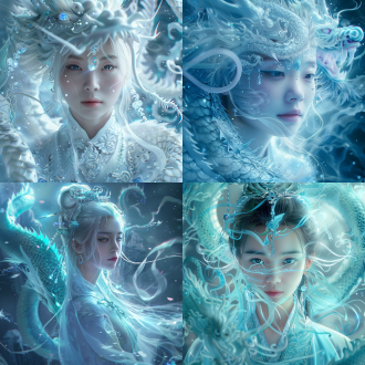 远距离拍摄，中国女人被一条青白色的中国龙包围着，溶解，半透明荧光，发光粒子，光学耀斑，中国人是机械姬，小麦色皮肤，飘逸感，星光，正面，面带微笑，眉心是着蓝色水晶，半身，精致的面部特征和长长的白发，头饰有精致的珠宝，龙鳞，高品质，蓝白色，精致的服装细节，质感梦幻，宏大场景，32k高清