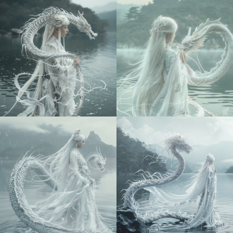 大场景一面西湖湖水，超现实主义人物摄影，中国女人，电影感侧脸，白色长发，未来感，站在湖面上，左手上缠着中国白龙，粒子发光，浅灰白，