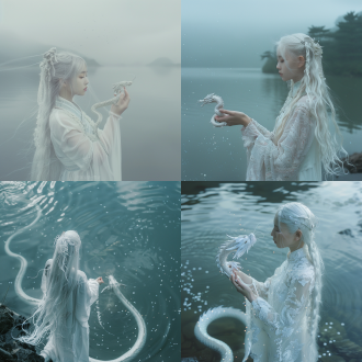 一面西湖湖水，鸟瞰图，超现实主义人物摄影，中国女人，电影感侧脸，白色长发，未来感，站在湖面上，左手上缠着一条小白龙，粒子发光，浅灰白，