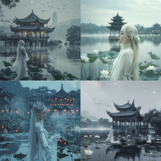 中国西湖，荷花，荷叶，有亭台楼阁，中式飞檐，建筑内部闪闪发光，在超现实的古代中国，江南古建筑，中心湖面，浅灰白仙境,星星璀璨,烟雾迷人月光下，超现实主义人物，中国美女，侧脸，白色长发，未来感的肌肤，站在湖面上，电影感，粒子发光，浅灰白，