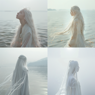 一面西湖湖水，鸟瞰图，超现实主义人物摄影，中国女人，电影感3d建模侧脸，白色长发，未来感，站在湖面上，粒子发光，浅灰白，