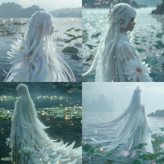 中国西湖，一面湖水，荷花，荷叶，美学，中国女人，白色长发，电影感3d建模侧脸，白色长发，一身白色羽毛外套，站在湖面上，粒子发光，