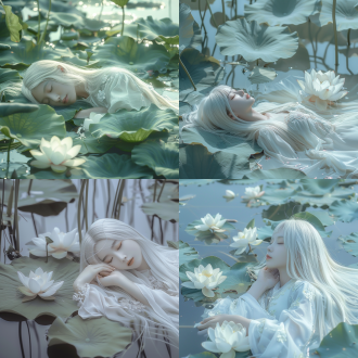 中国西湖，一面湖水，科幻的荷叶，荷花，梦幻，美学，中国女人侧脸躺在荷叶上，绝世美女，真实，白色长直发，仙气十足，服装和湖水融合，空灵感，躺在湖面上，色调白色，