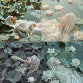 中国西湖，一面湖水，科幻的荷叶，荷花，梦幻，美学，中国女人侧脸躺在荷叶上，绝世美女，真实，白色长直发，仙气十足，蛇鳞服装和湖水融合，空灵感，躺在湖面上，色调白色，白蛇