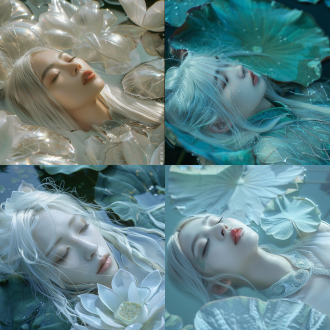 特写面部，中国女人正脸，靠着一片巨大的科幻荷叶花上，绝世美女，真实，玻璃一样质感的脸，白色长直发飘逸向天上，仙气十足，中国西湖，在湖底，头发伸向科幻的荷叶，荷花，梦幻，美学，龙鳞服装，空灵感，躺在湖面上，色调白色，