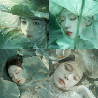 特写面部正脸，中国女人，正直中心，靠在一片巨大的科荷叶花上，荷花上的肌理，科幻，绝世美女，真实，玻璃一样质感的脸，白色长直发飘逸向天上，仙气十足，中国西湖，在湖底，头发伸向科幻的荷叶，荷花，梦幻，美学，龙鳞服装，空灵感，躺在湖面上，色调白色，新中式风格