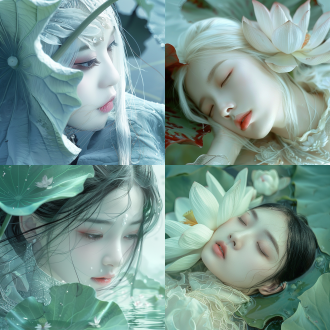 特写面部正脸，中国女人，正直中心，靠在一片巨大的科幻肌理的荷叶花上，绝世美女，真实，玻璃一样质感的脸，白色长直发飘逸向天上，仙气十足，中国西湖，在湖底，头发伸向科幻的荷叶，荷花，梦幻，美学，龙鳞服装，空灵感，躺在湖面上，色调白色，新中式风格
