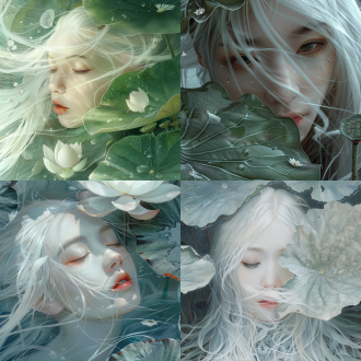 特写面部正脸，中国女人，正直中心，白色长直发飘逸靠在一片巨大肌理荷叶花上，荷花上的肌理，科幻，绝世美女，真实，玻璃一样质感的脸，仙气十足，中国西湖，在湖底，荷叶，荷花，梦幻，美学，龙鳞服装，空灵感，躺在湖面上，色调白色，新中式风格