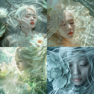 特写上半身，水晶质感正脸，中国女人，正直中心，白色长直发飘逸靠在一片巨大肌理荷叶花上，荷花上的肌理，科幻，绝世美女，真实，玻璃一样质感的脸，仙气十足，中国西湖，在湖底，荷叶，荷花，梦幻，美学，龙鳞服装，空灵感，躺在湖面上，色调白色，梦工厂动画风格