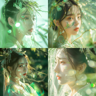 中国女孩，夏之女神，高品质幻想照片，中国神话，仙女，绿色白色调色板，一只透明昆虫花瓣翅膀装饰在脸上，科幻艺术，光学艺术，美学，背光，流行艺术，汉服，透明质感，细致，光线植物编织，逼真。 镜头光晕 明亮的 反射光 环境光 电影风格 幻想 浅绿