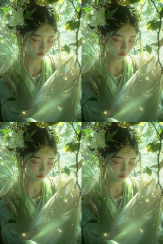 中国女孩，全身，夏之女神，高品质幻想照片，中国神话，仙女，绿色白色调色板，一只透明昆虫花瓣翅膀装饰在脸上，手臂上挂满植物，长出一对翅膀，科幻艺术，光学艺术，美学，背光，流行艺术，汉服，透明质感，细致，光线植物编织，逼真。 镜头光晕 明亮的 反射光 环境光 电影风格 幻想 浅绿