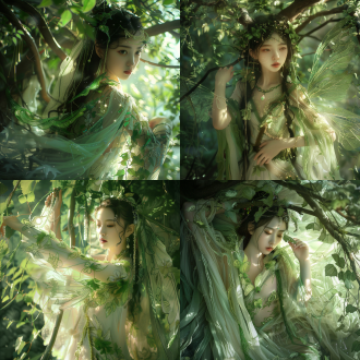中国女孩，全身，夏之女神，高品质幻想照片，中国神话，仙女，绿色白色调色板，一只透明昆虫花瓣翅膀装饰在脸上，手臂上挂满绿色藤蔓和丝线，长出一对翅膀，背景是一棵巨大的老古树藤蔓，光影，科幻艺术，光学艺术，美学，背光，流行艺术，汉服，透明质感，细致，光线植物编织，逼真。 镜头光晕 明亮的 反射光 环境光 电影风格 幻想 浅绿
