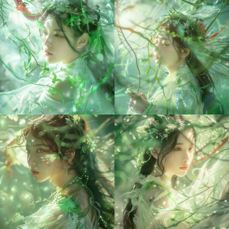 明亮，绿色白色调，中国女孩，夏之女神，长发，画面干净，高品质幻想照片，中国神话仙女，圣洁，一只透明昆虫花瓣翅膀装饰在脸上，手臂长出满绿色藤蔓和丝线，长出一对翅膀，背景有一条红色的中国龙，逼真。 镜头光晕 明亮的 反射光 环境光 电影风格 幻想 浅绿