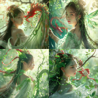 明亮，绿色白色调，中国女孩，夏之女神，长发，画面干净，高品质幻想照片，中国神话仙女，圣洁，一只透明昆虫花瓣翅膀装饰在脸上，手臂长出满绿色藤蔓和丝线，长出一对翅膀，背景有一条红色的中国龙，逼真。 镜头光晕 明亮的 反射光 环境光 电影风格 幻想 浅绿