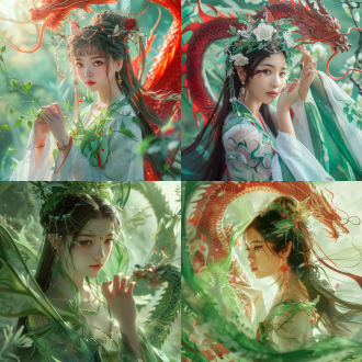 明亮，绿色白色调，中国女孩，夏之女神，长发，画面干净，高品质幻想，迪士尼画风，中国神话仙女，圣洁，透明昆虫花瓣翅膀头饰，手臂长出满绿色藤蔓和丝线，长出一对翅膀，背景有一条红色的中国龙围绕着女孩，逼真。 镜头光晕 明亮的 反射光 环境光 电影风格 幻想 浅绿
